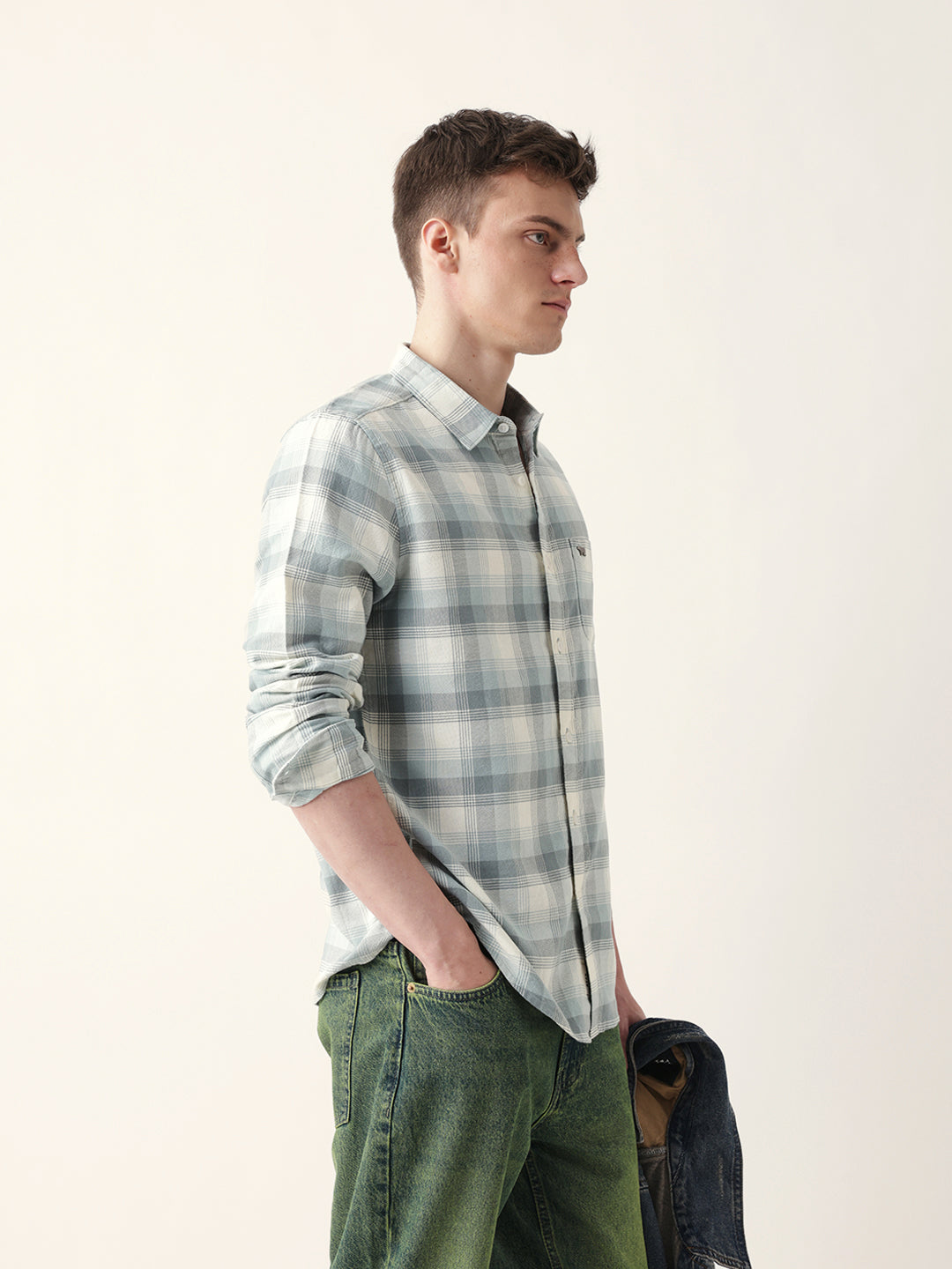 Teal with Cream Woven Checkered Slim Fit Casual Shirt