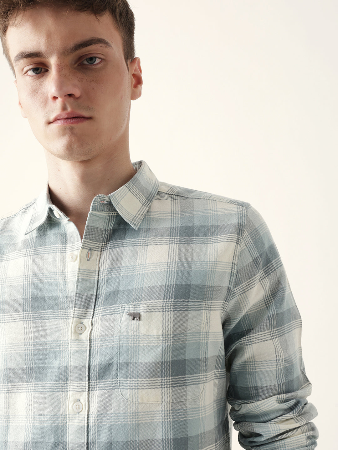 Teal with Cream Woven Checkered Slim Fit Casual Shirt