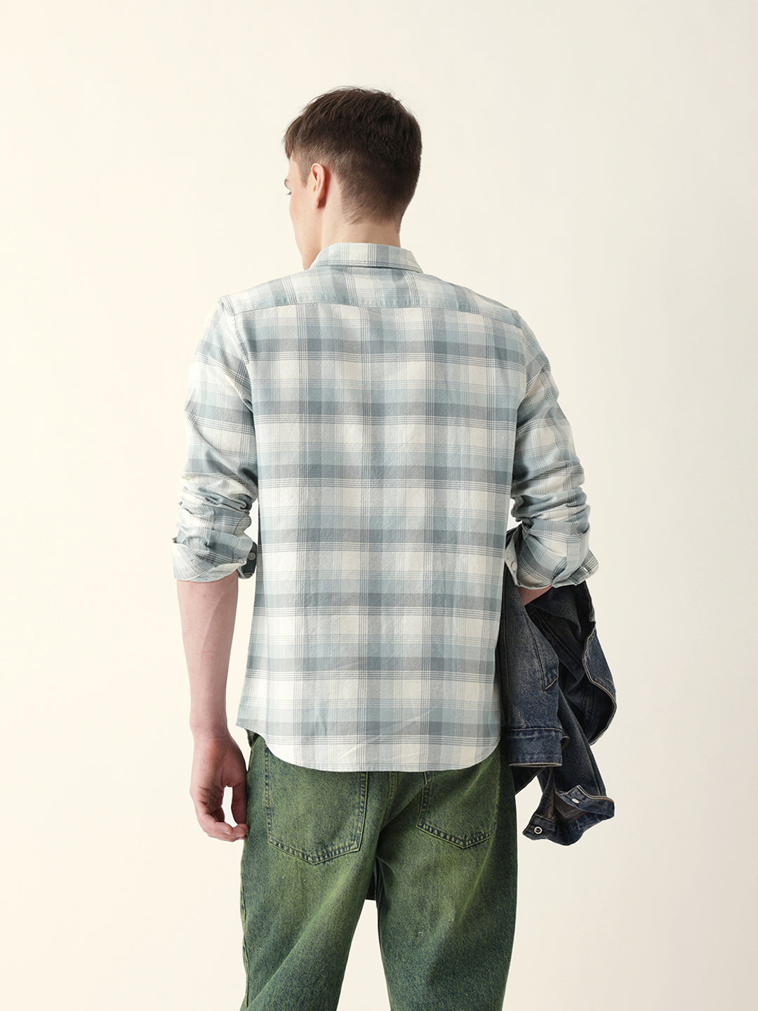 Teal with Cream Woven Checkered Slim Fit Casual Shirt