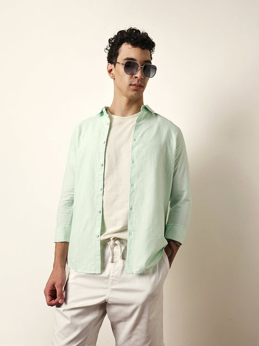 Green Vertical Woven Stripe Slim Fit Casual Shirt