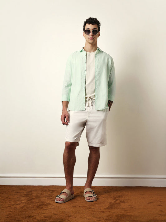 Green Vertical Woven Stripe Slim Fit Casual Shirt