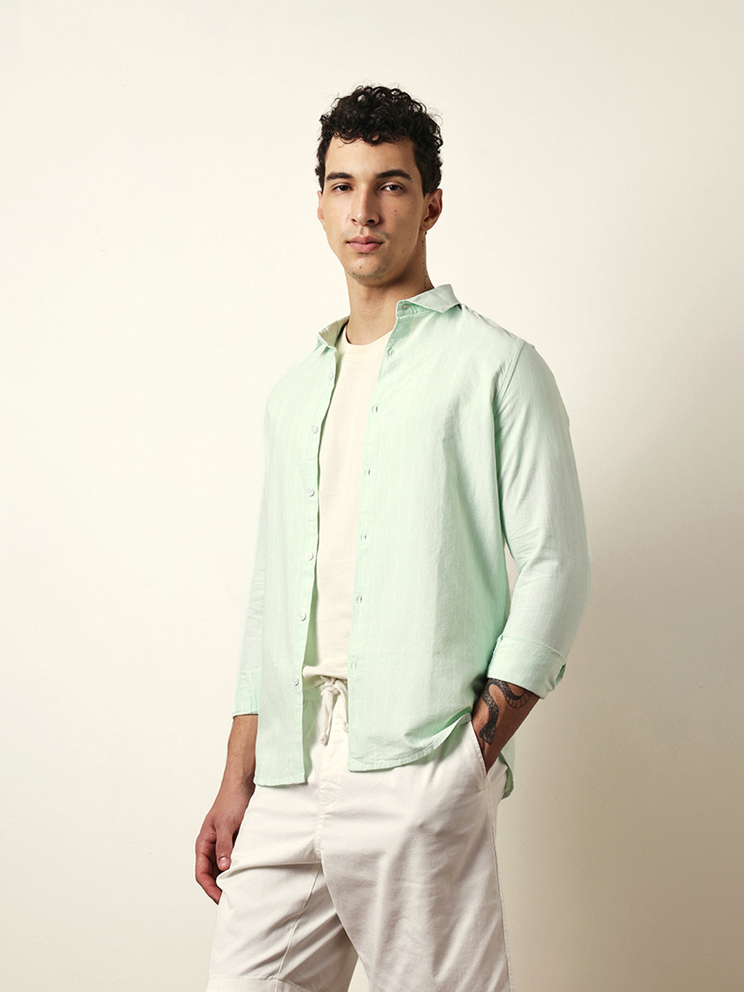 Green Vertical Woven Stripe Slim Fit Casual Shirt