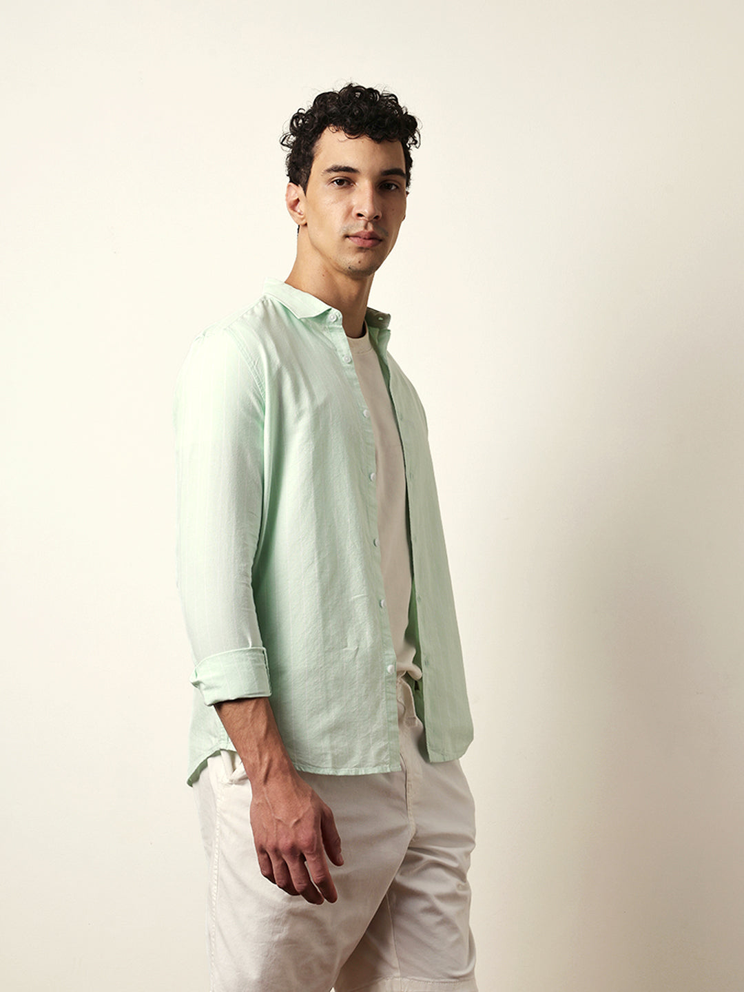 Green Vertical Woven Stripe Slim Fit Casual Shirt