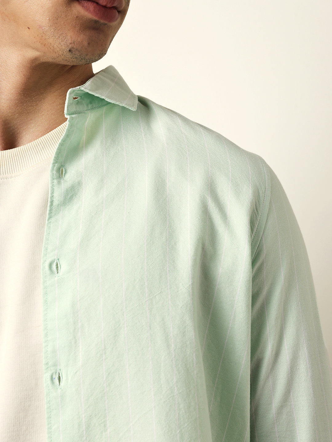 Green Vertical Woven Stripe Slim Fit Casual Shirt