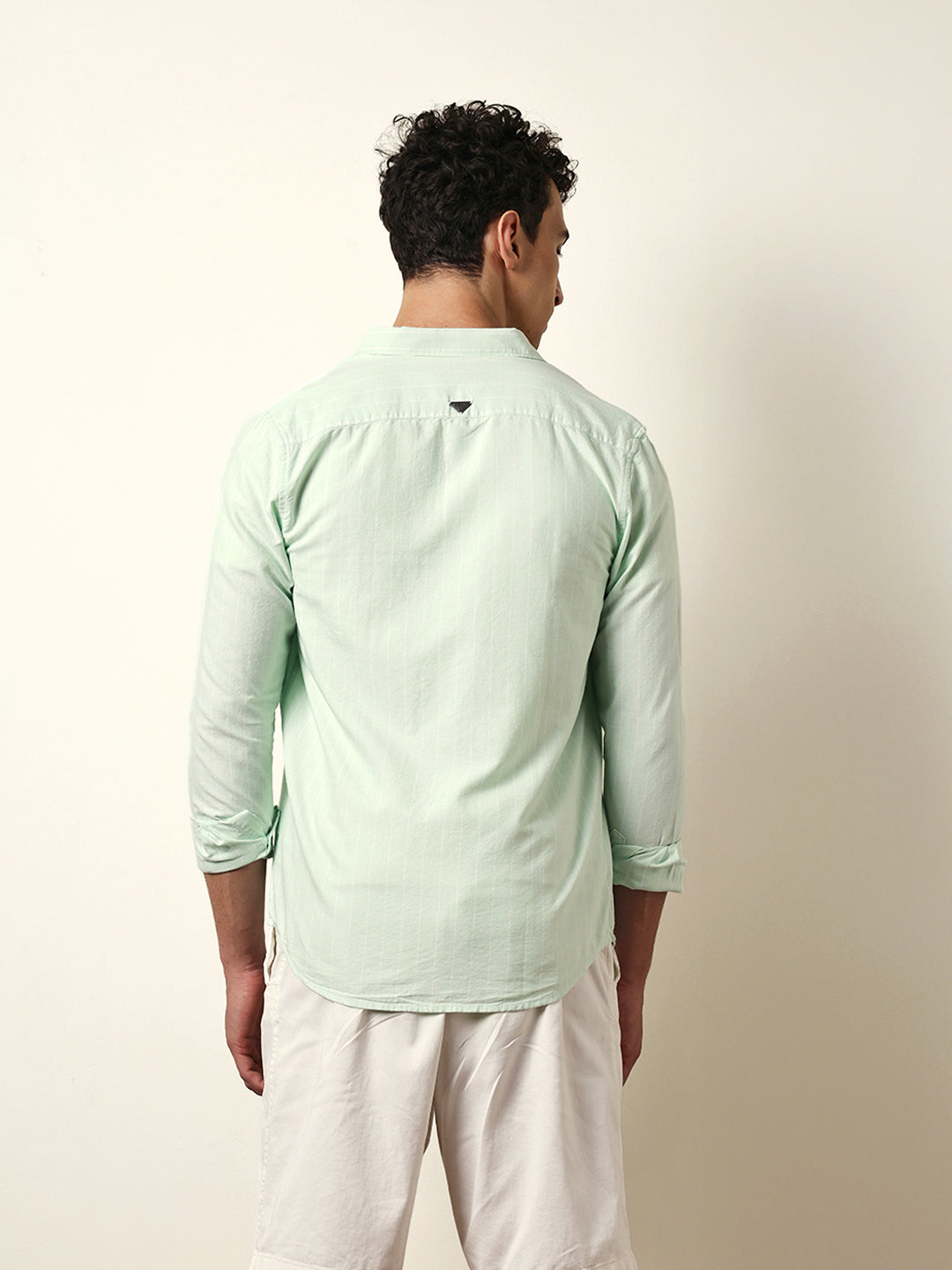 Green Vertical Woven Stripe Slim Fit Casual Shirt