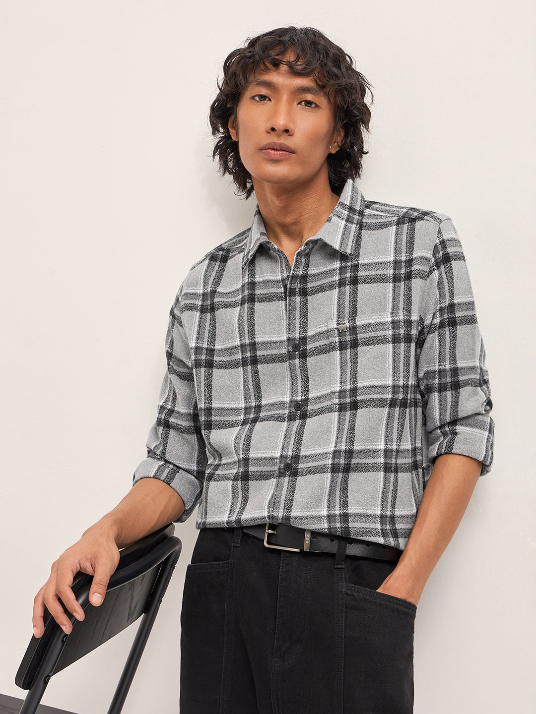 Grey Tartan Checked Flannel Slim Fit Casual Shirt