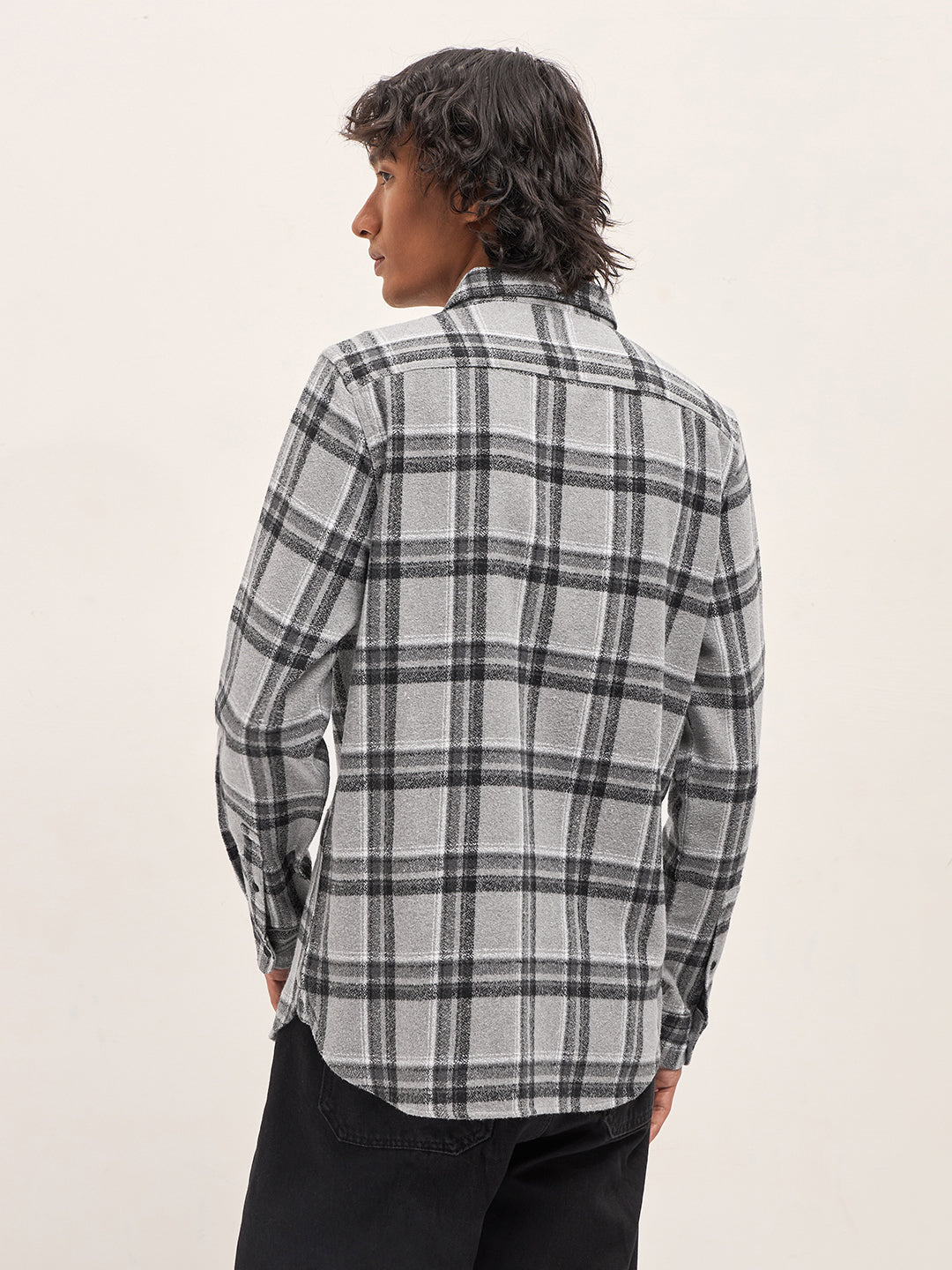 Grey Tartan Checked Flannel Slim Fit Casual Shirt