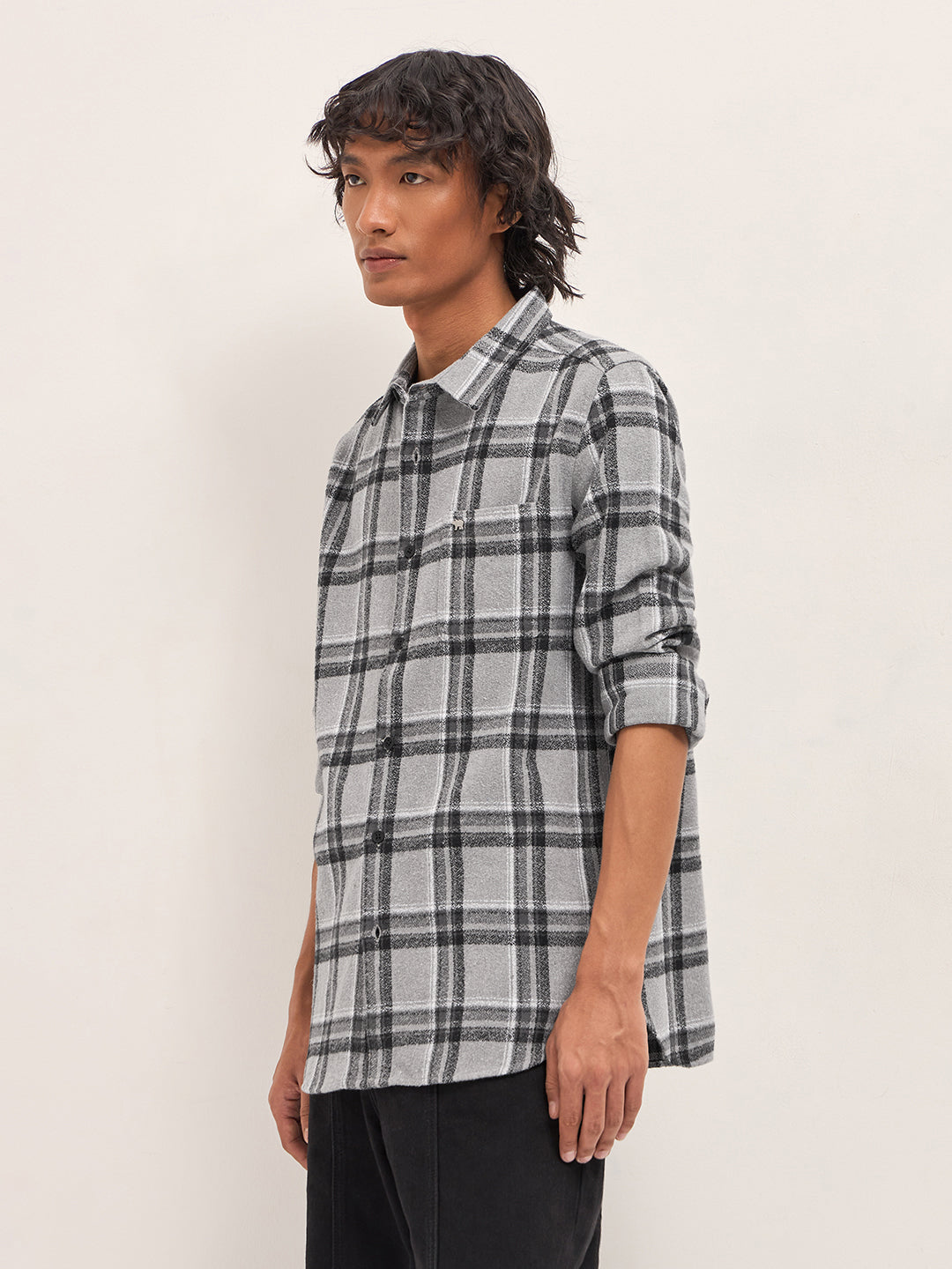 Grey Tartan Checked Flannel Slim Fit Casual Shirt