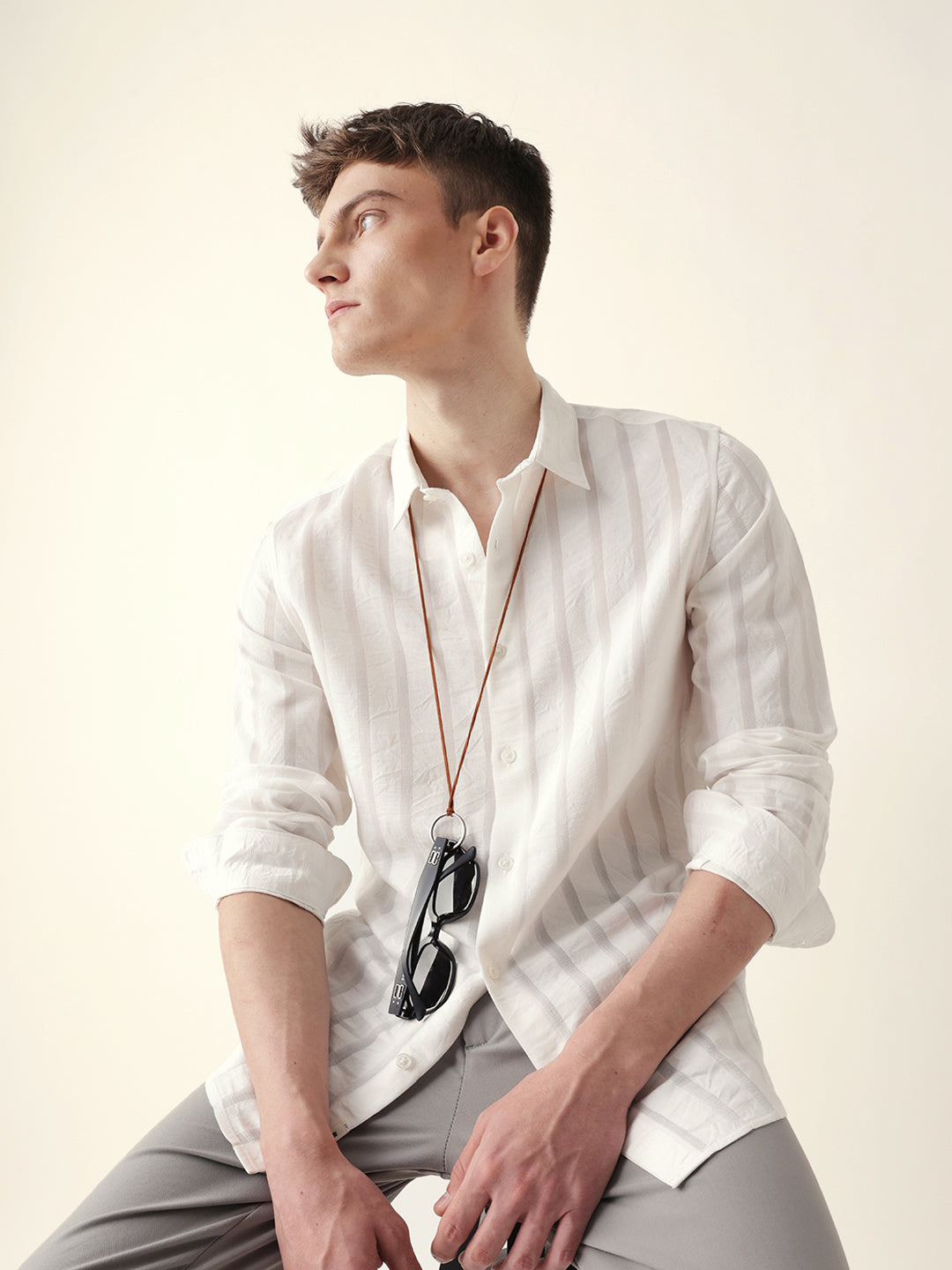 White Woven Vertical Striped Slim Fit Casual Shirt
