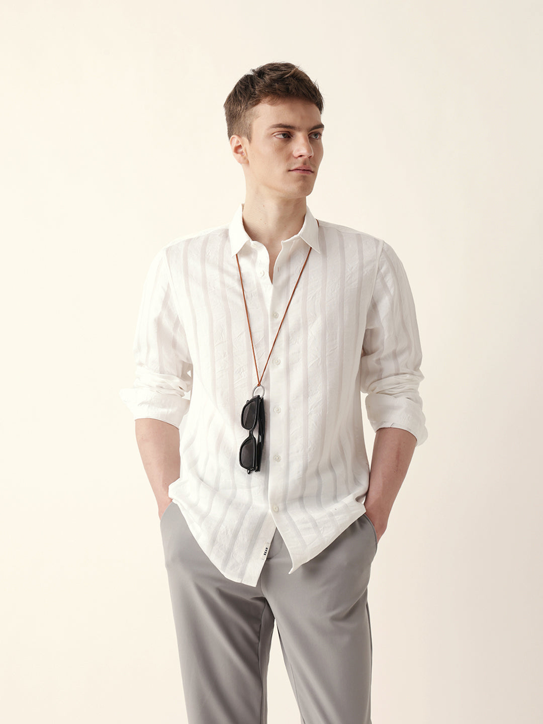 White Woven Vertical Striped Slim Fit Casual Shirt
