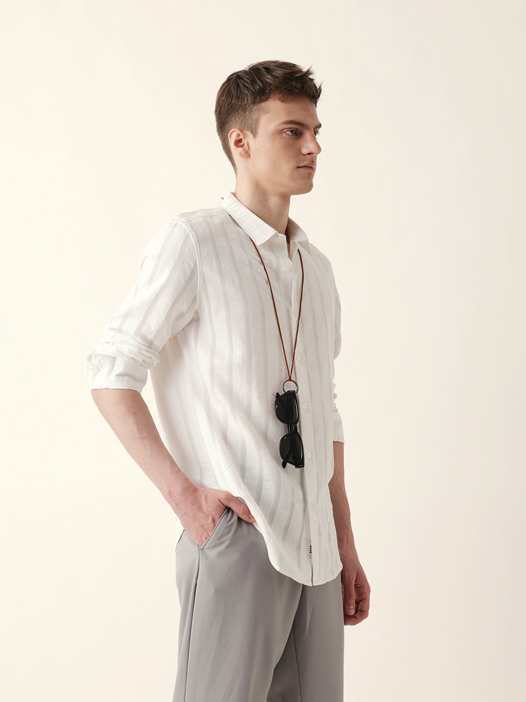 White Woven Vertical Striped Slim Fit Casual Shirt