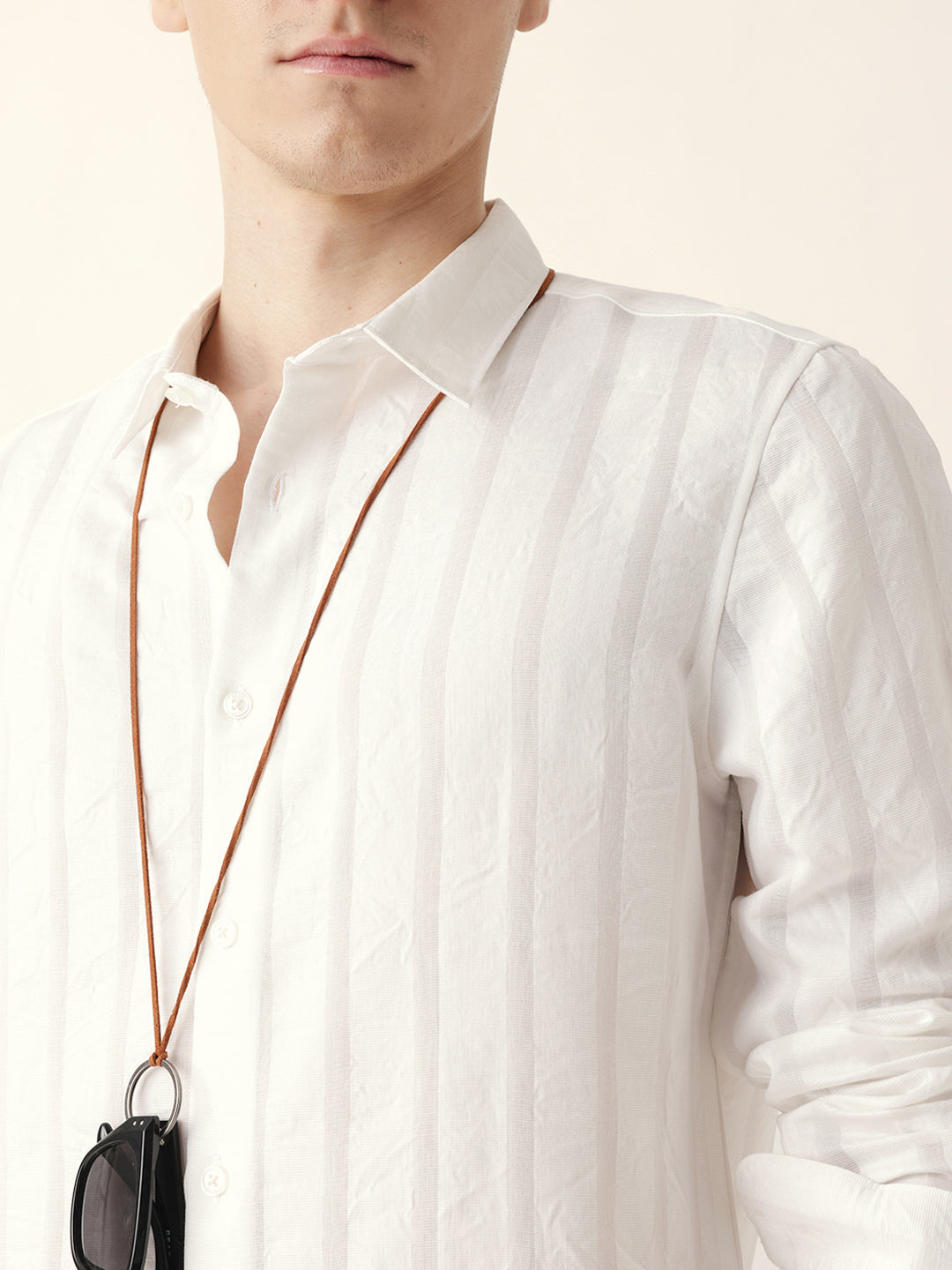 White Woven Vertical Striped Slim Fit Casual Shirt