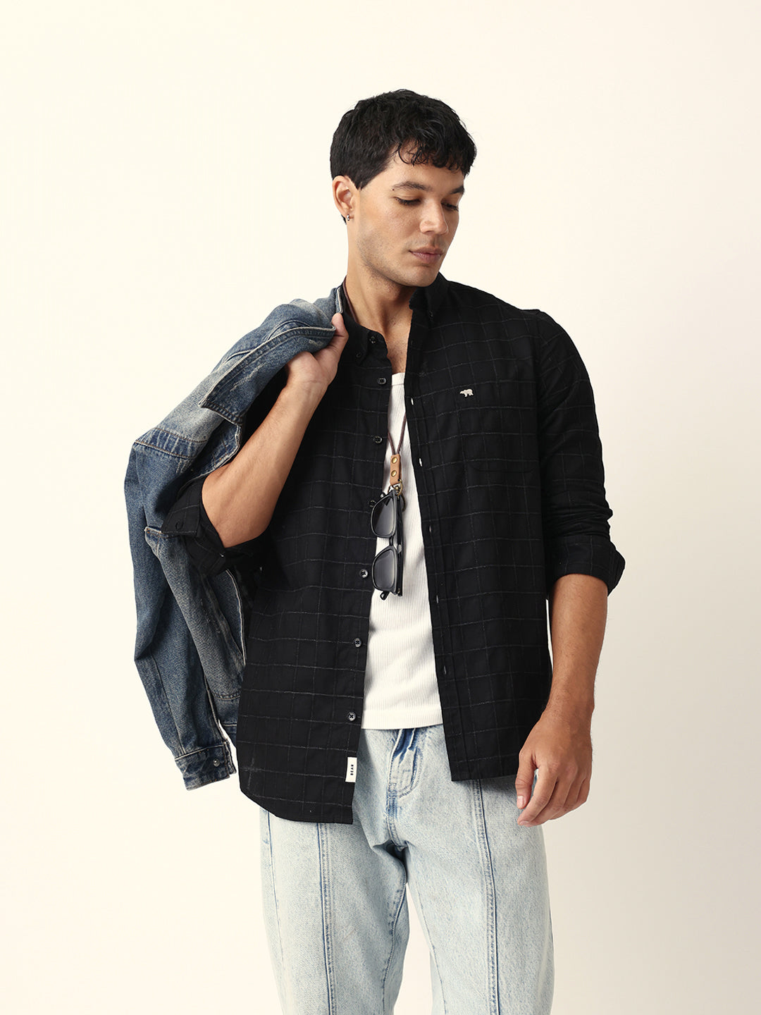 Black Block Woven Check Slim Fit Casual Shirt