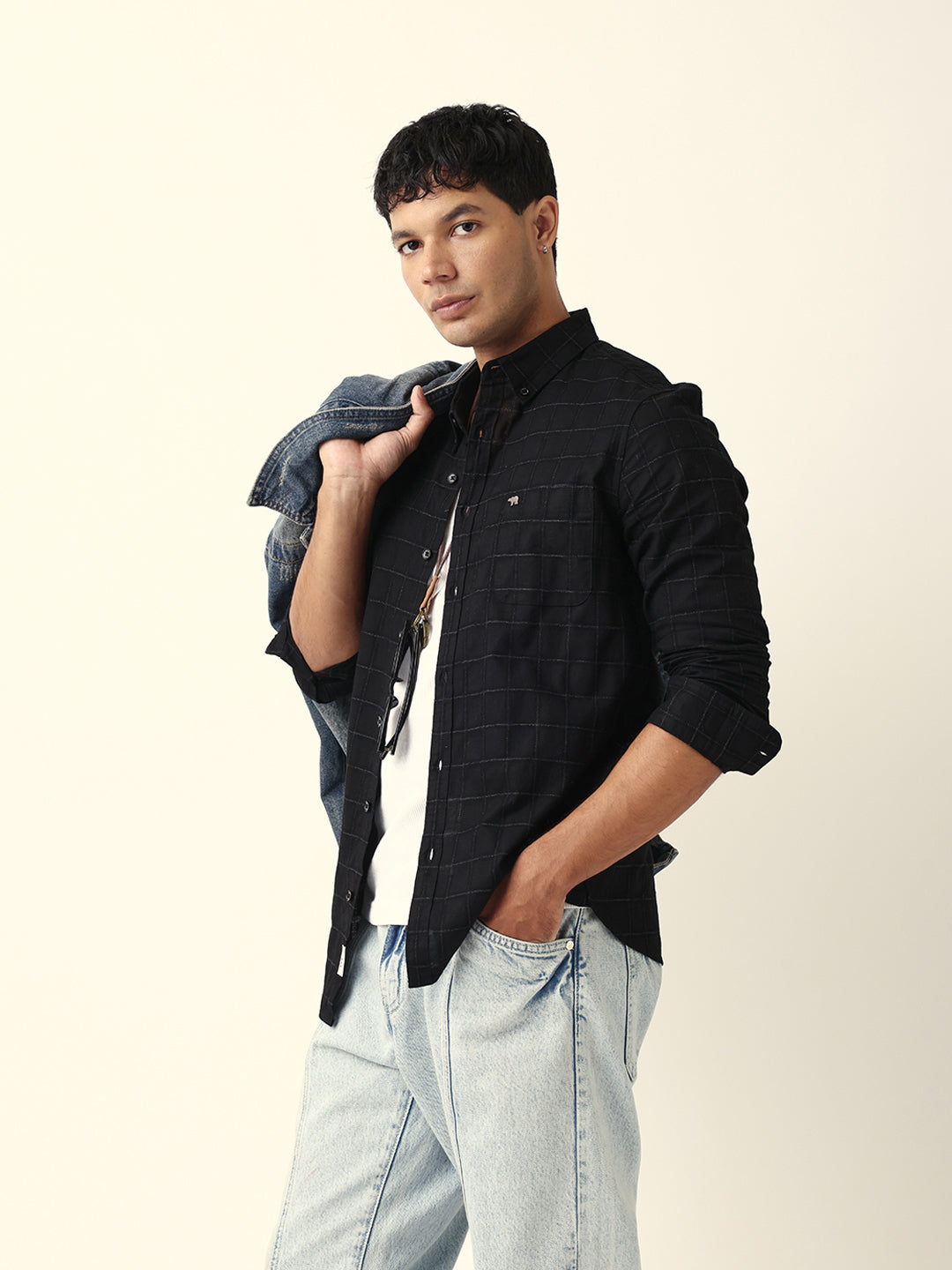 Black Block Woven Check Slim Fit Casual Shirt