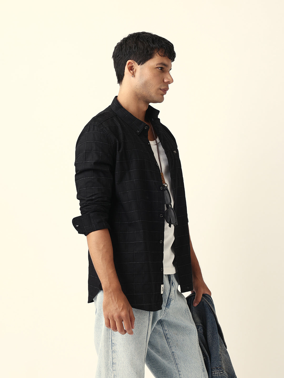 Black Block Woven Check Slim Fit Casual Shirt