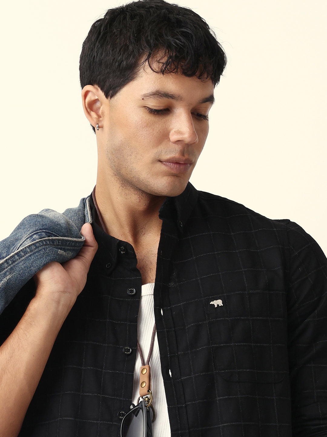 Black Block Woven Check Slim Fit Casual Shirt