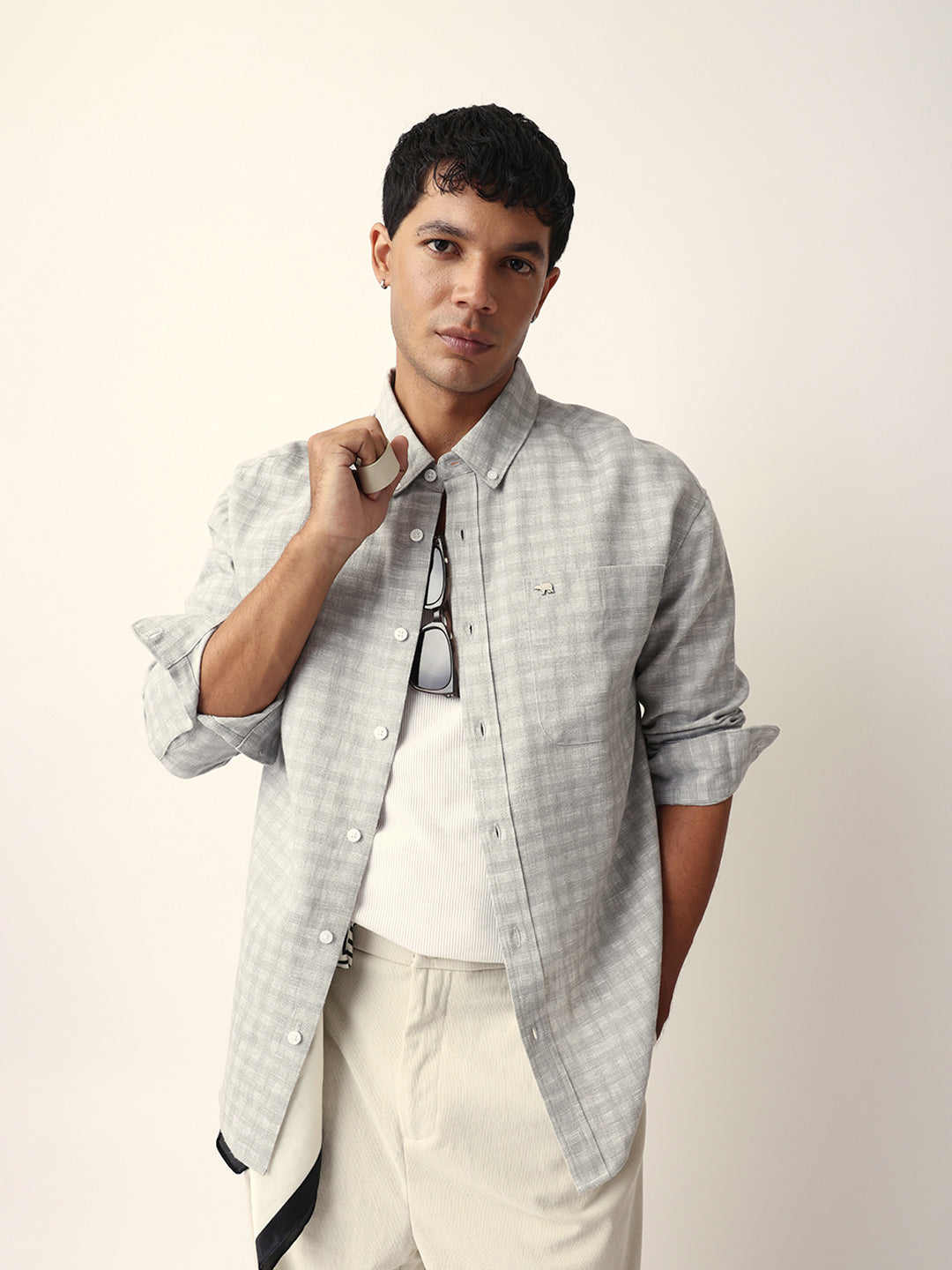 Grey Woven Micro Check Textured Relax Fit Overshirt