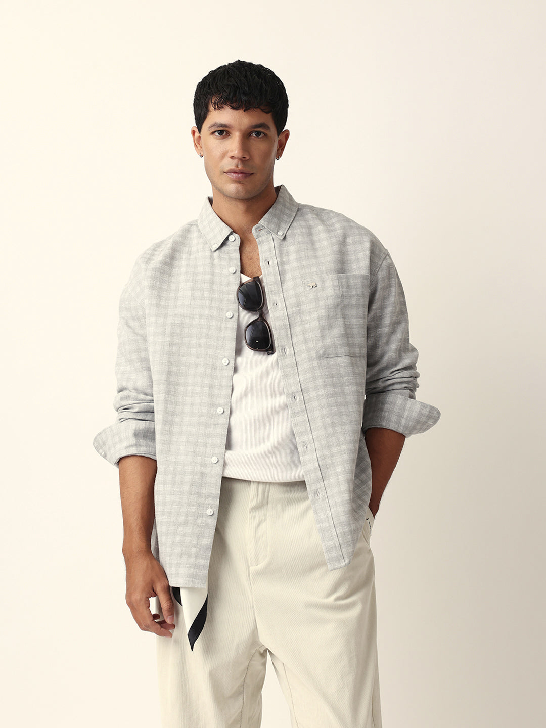 Grey Woven Micro Check Textured Relax Fit Overshirt