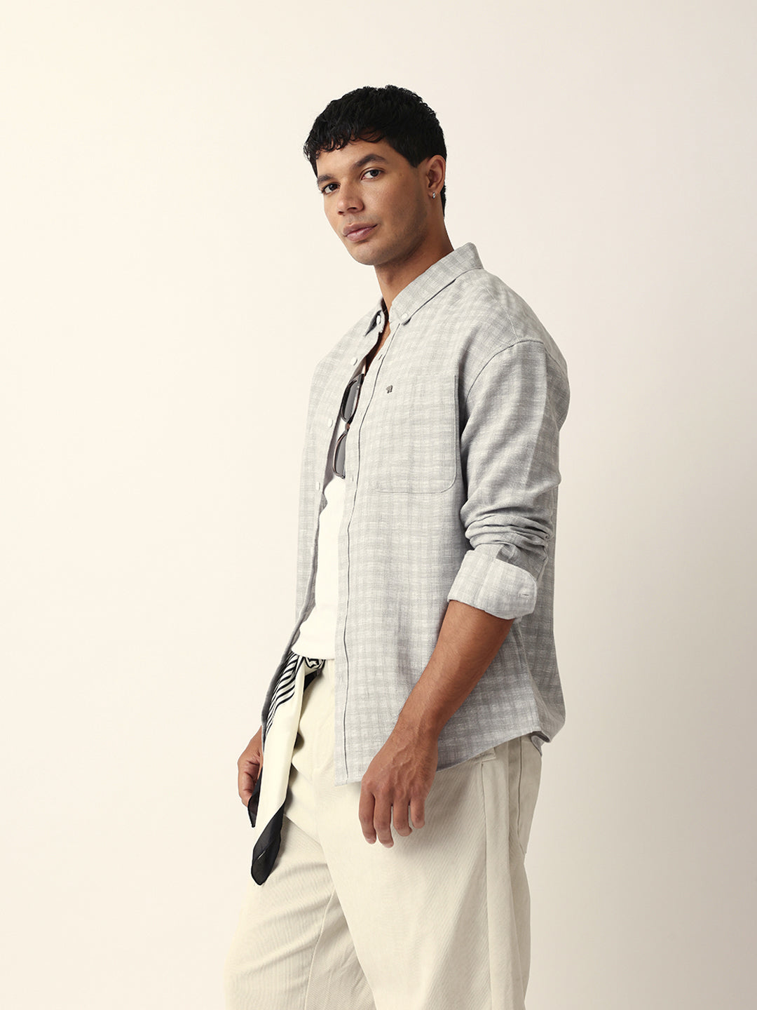 Grey Woven Micro Check Textured Relax Fit Overshirt
