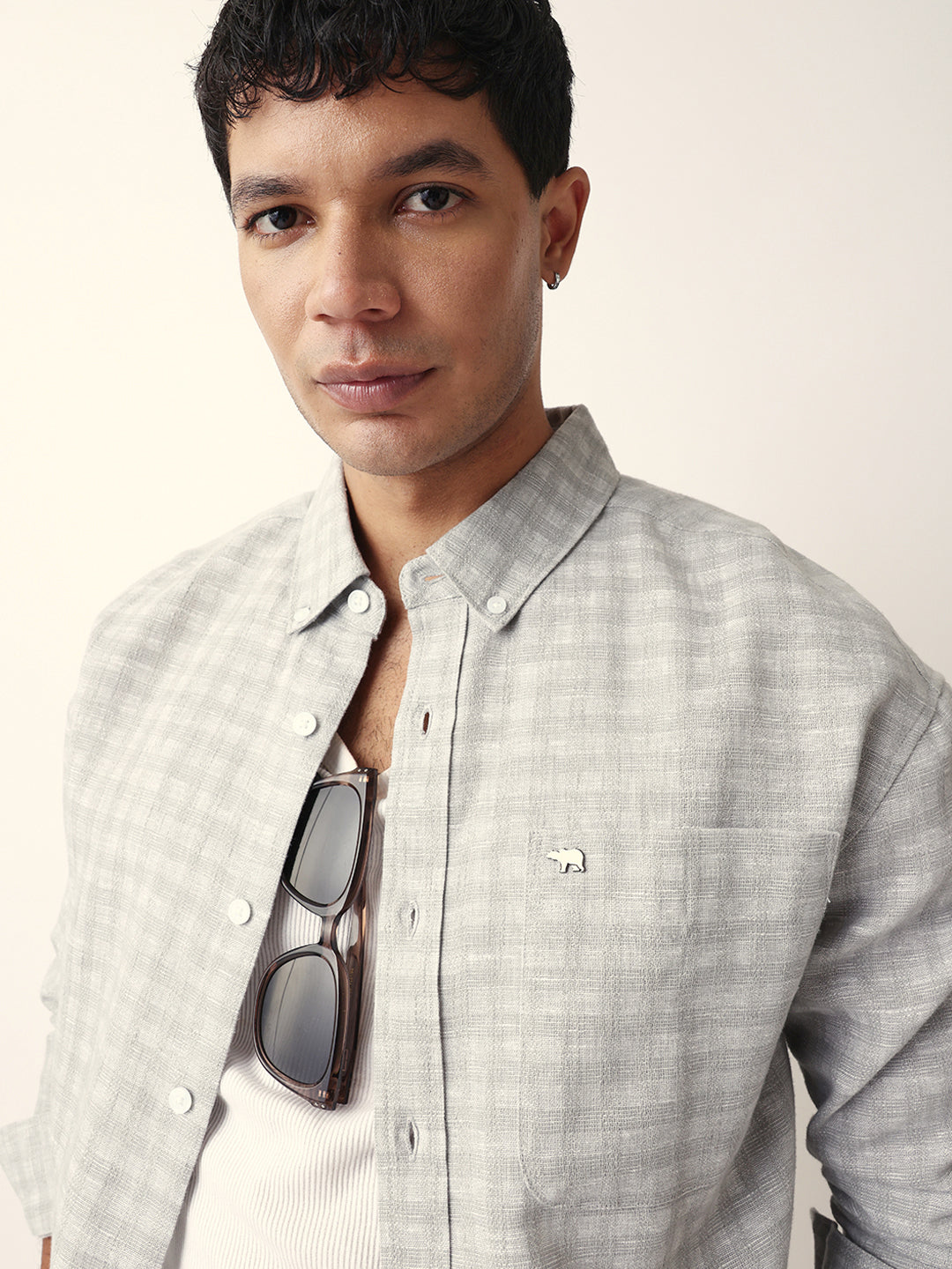 Grey Woven Micro Check Textured Relax Fit Overshirt