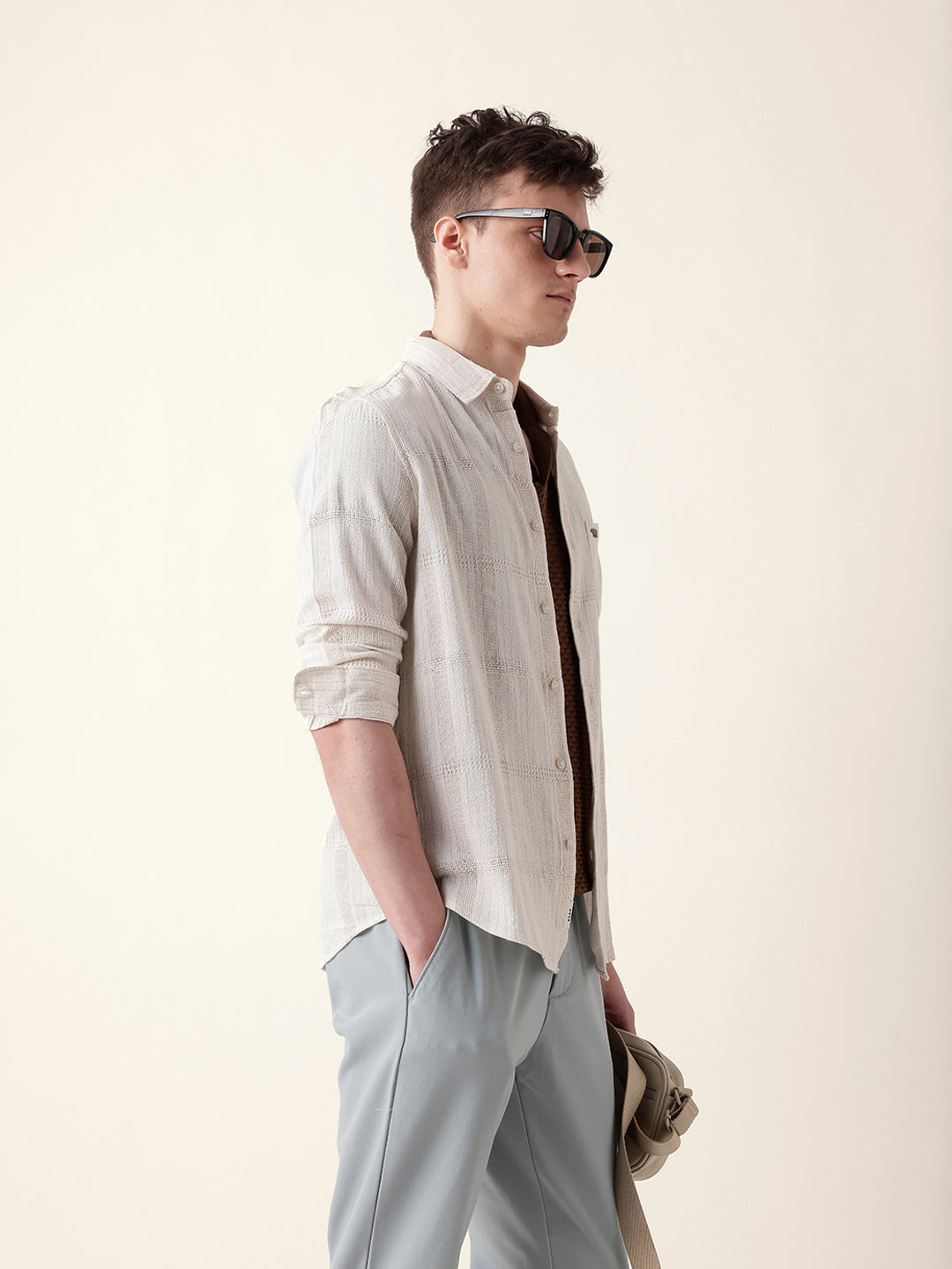 Cream Slim Fit Casual Shirt with Vertical Stripes & Horizontal Texture Design