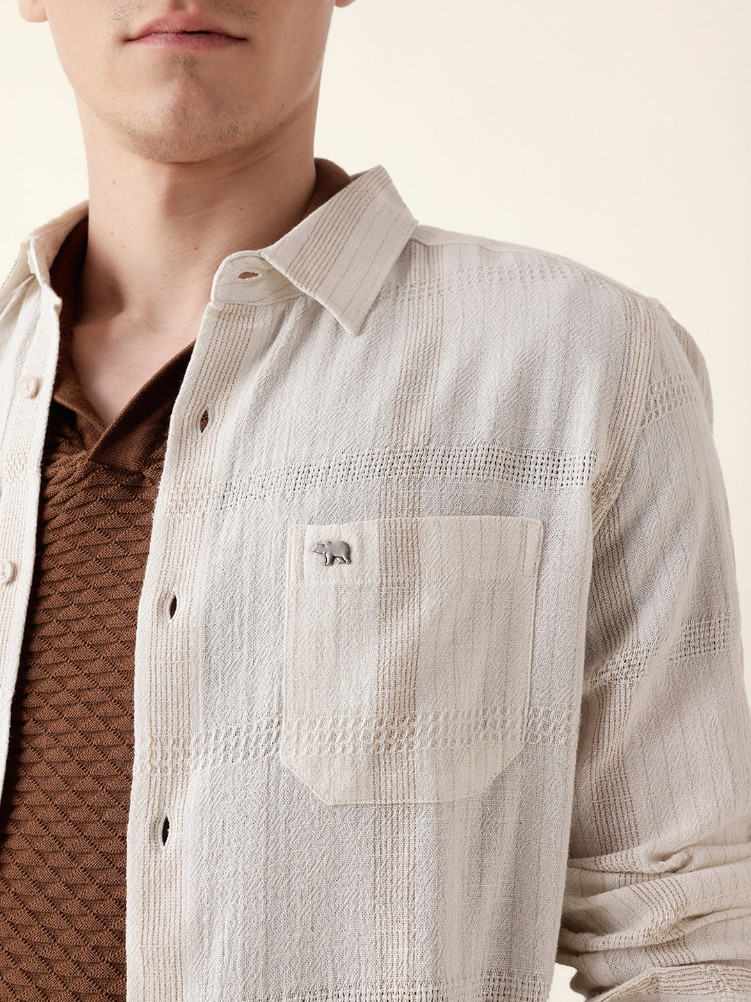 Cream Slim Fit Casual Shirt with Vertical Stripes & Horizontal Texture Design