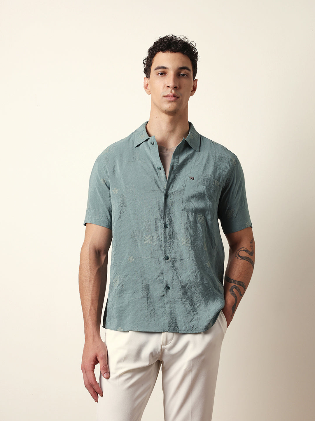 Green Embroidered Motif Regular Fit Casual Shirt