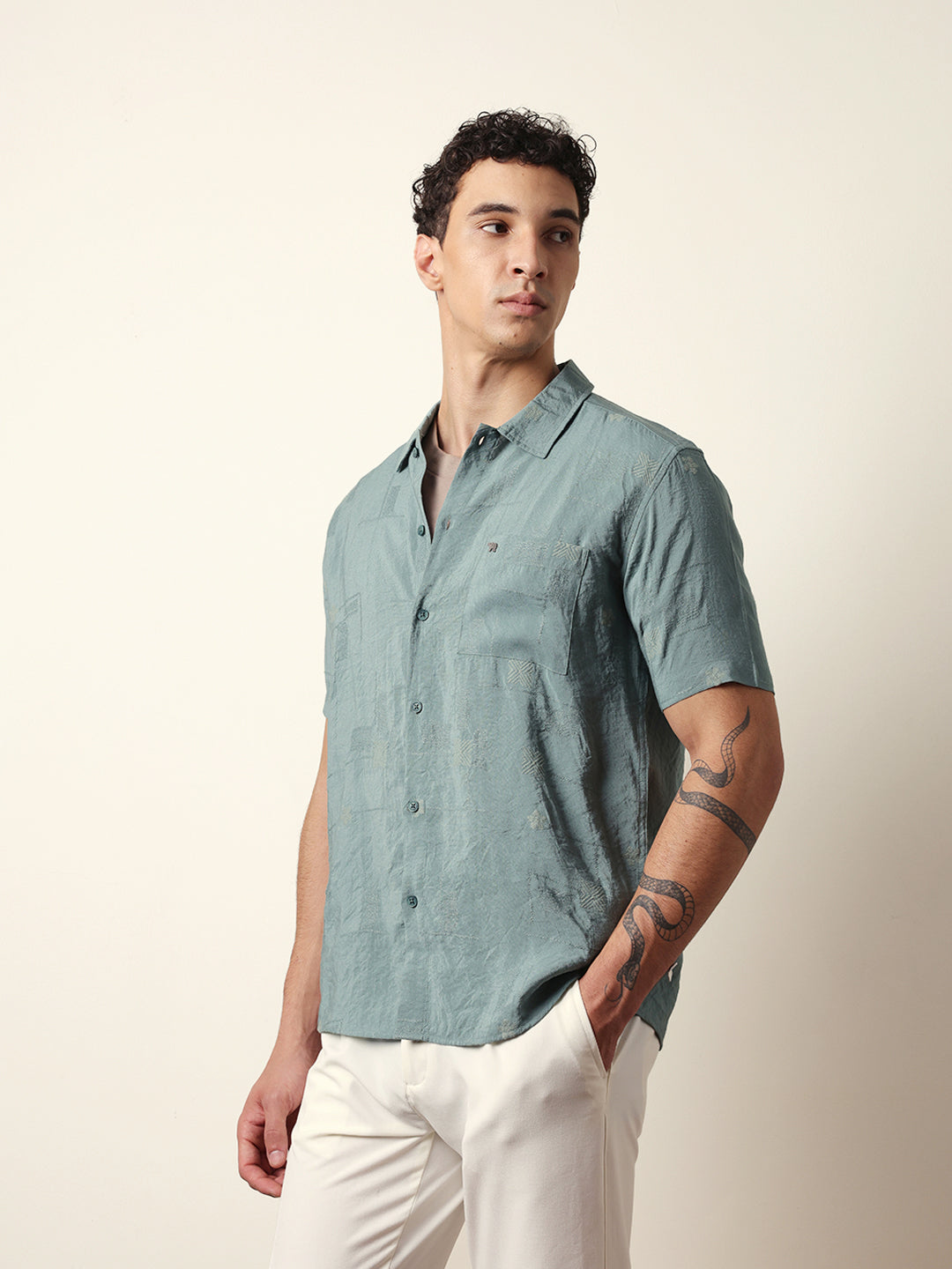 Green Embroidered Motif Regular Fit Casual Shirt