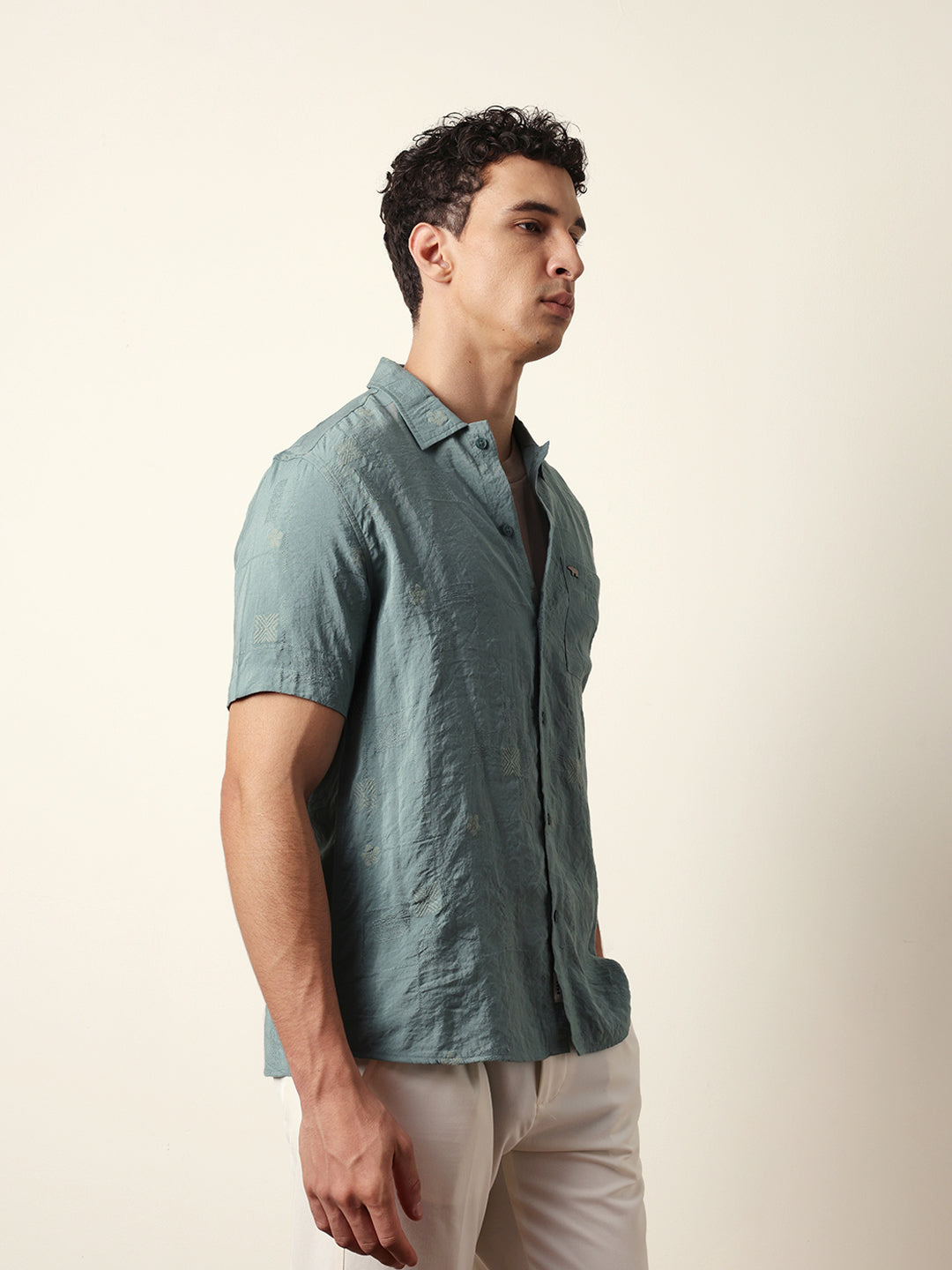 Green Embroidered Motif Regular Fit Casual Shirt
