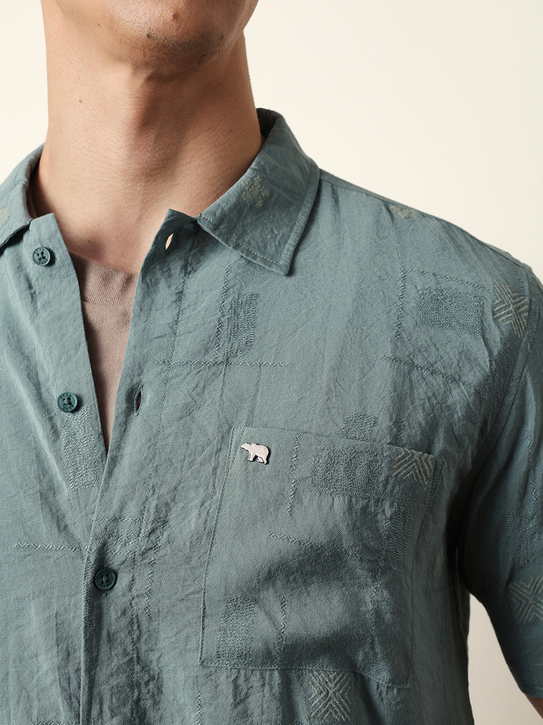 Green Embroidered Motif Regular Fit Casual Shirt