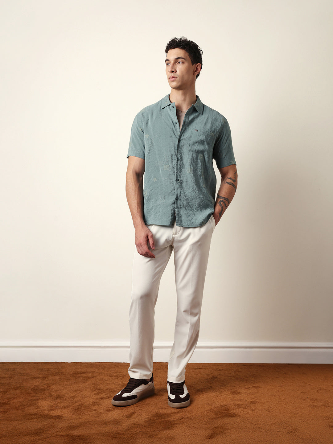 Green Embroidered Motif Regular Fit Casual Shirt