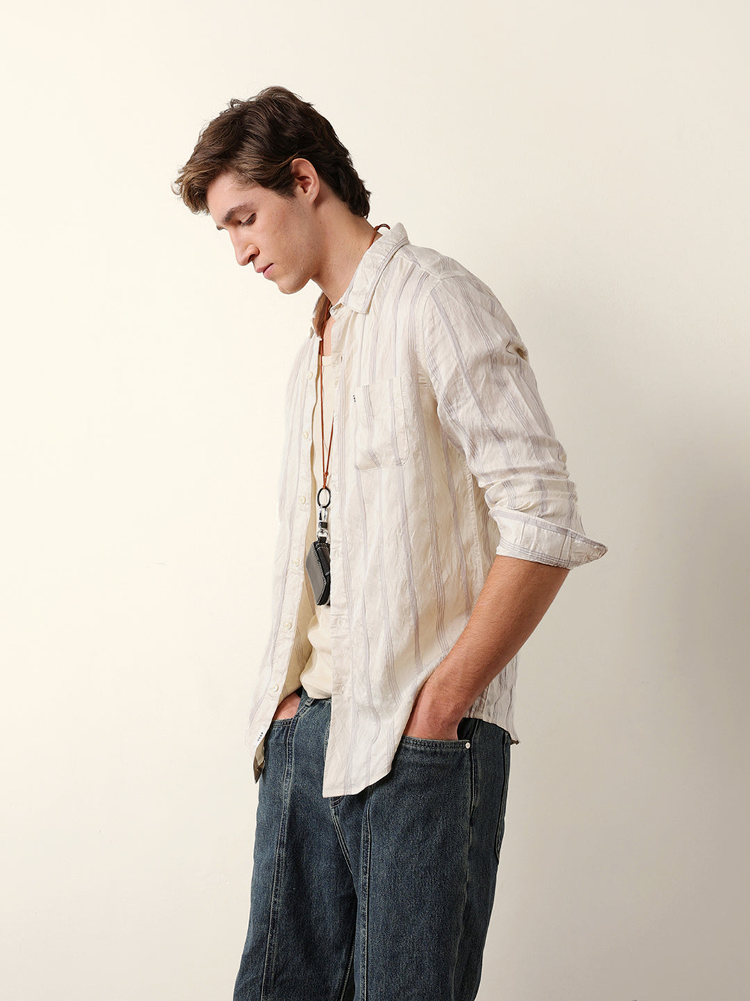 Purple & Cream Seersucker Vertical Pinstripe Slim Fit Casual Shirt