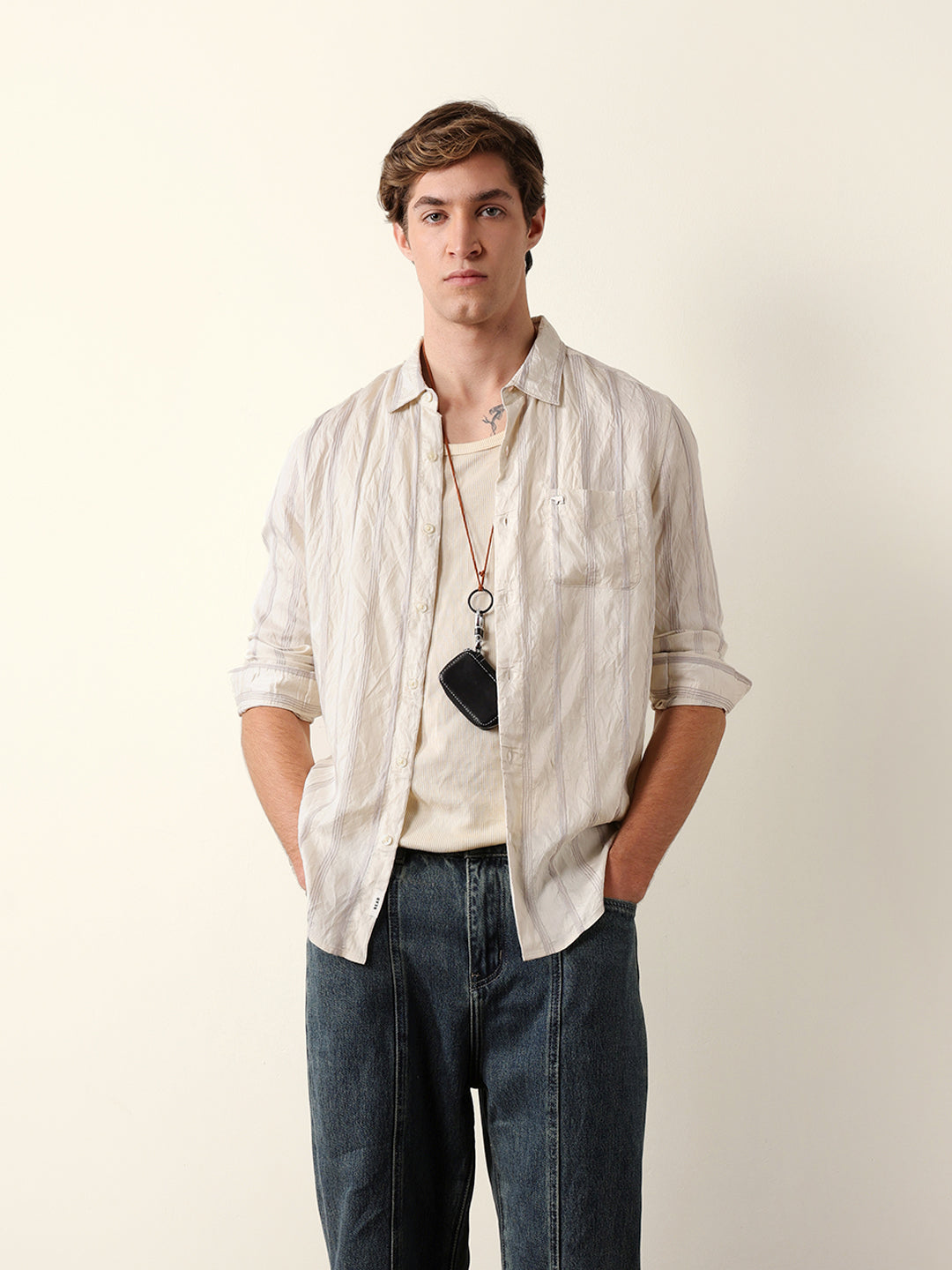 Purple & Cream Seersucker Vertical Pinstripe Slim Fit Casual Shirt