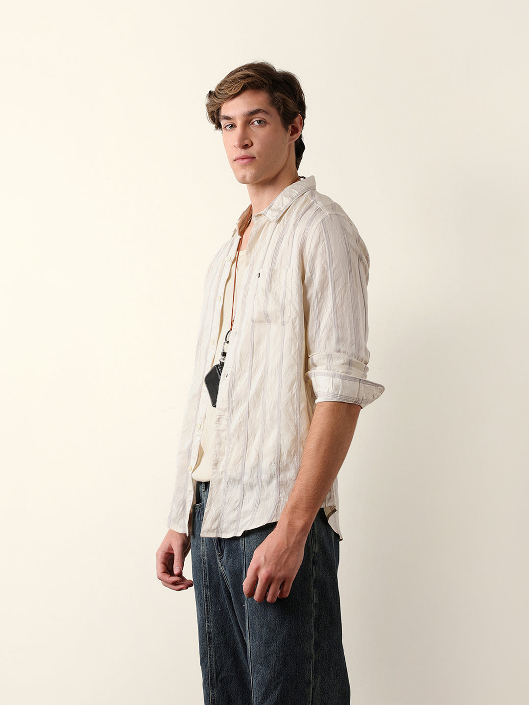 Purple & Cream Seersucker Vertical Pinstripe Slim Fit Casual Shirt