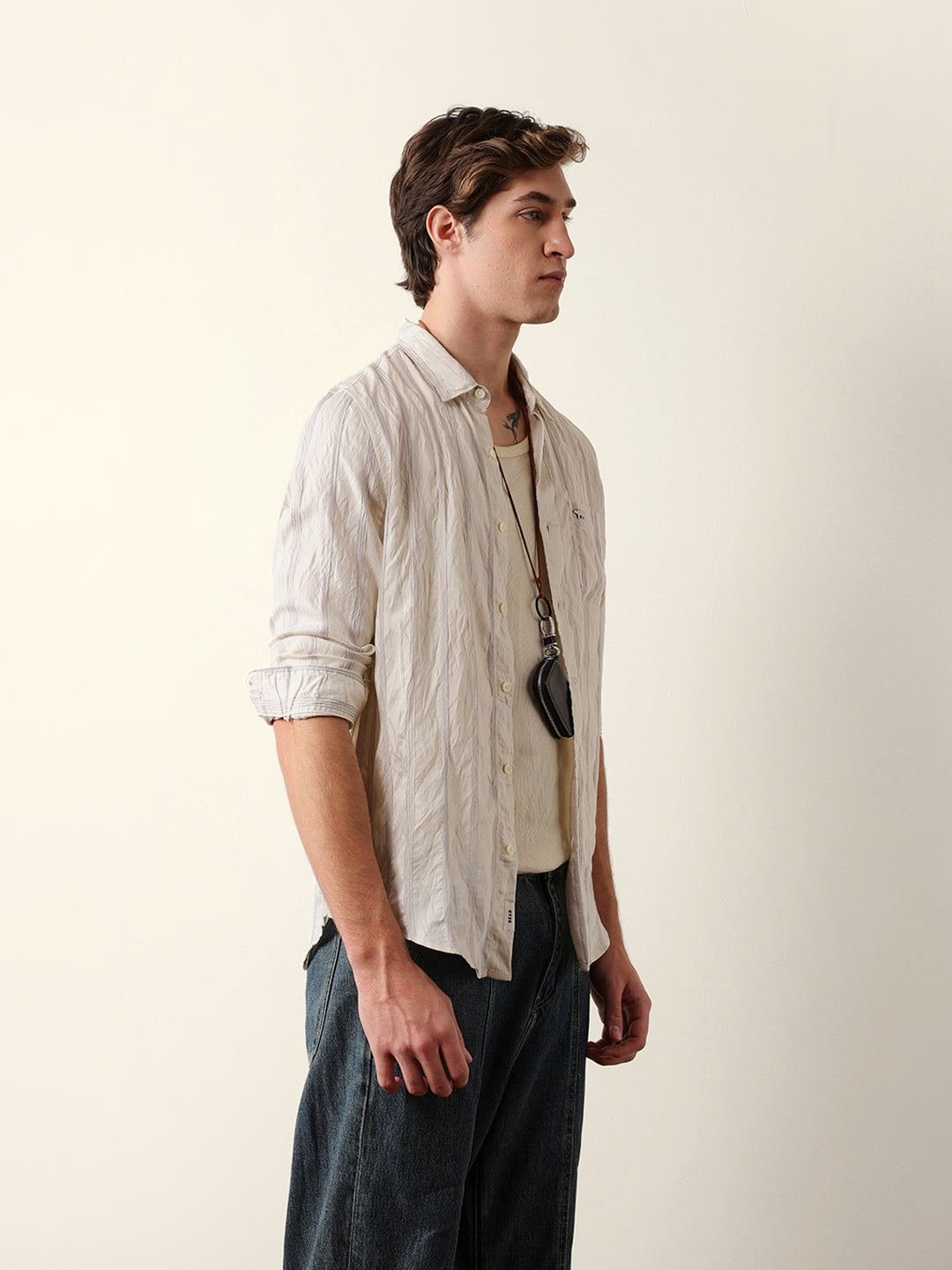 Purple & Cream Seersucker Vertical Pinstripe Slim Fit Casual Shirt
