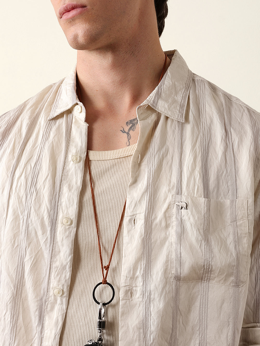 Purple & Cream Seersucker Vertical Pinstripe Slim Fit Casual Shirt