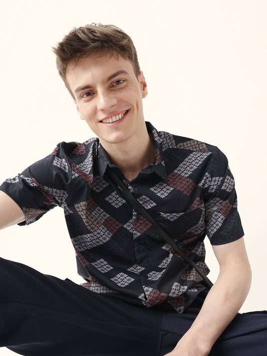 Black Regular Fit Casual Shirt with Geometric Floral Grid Print