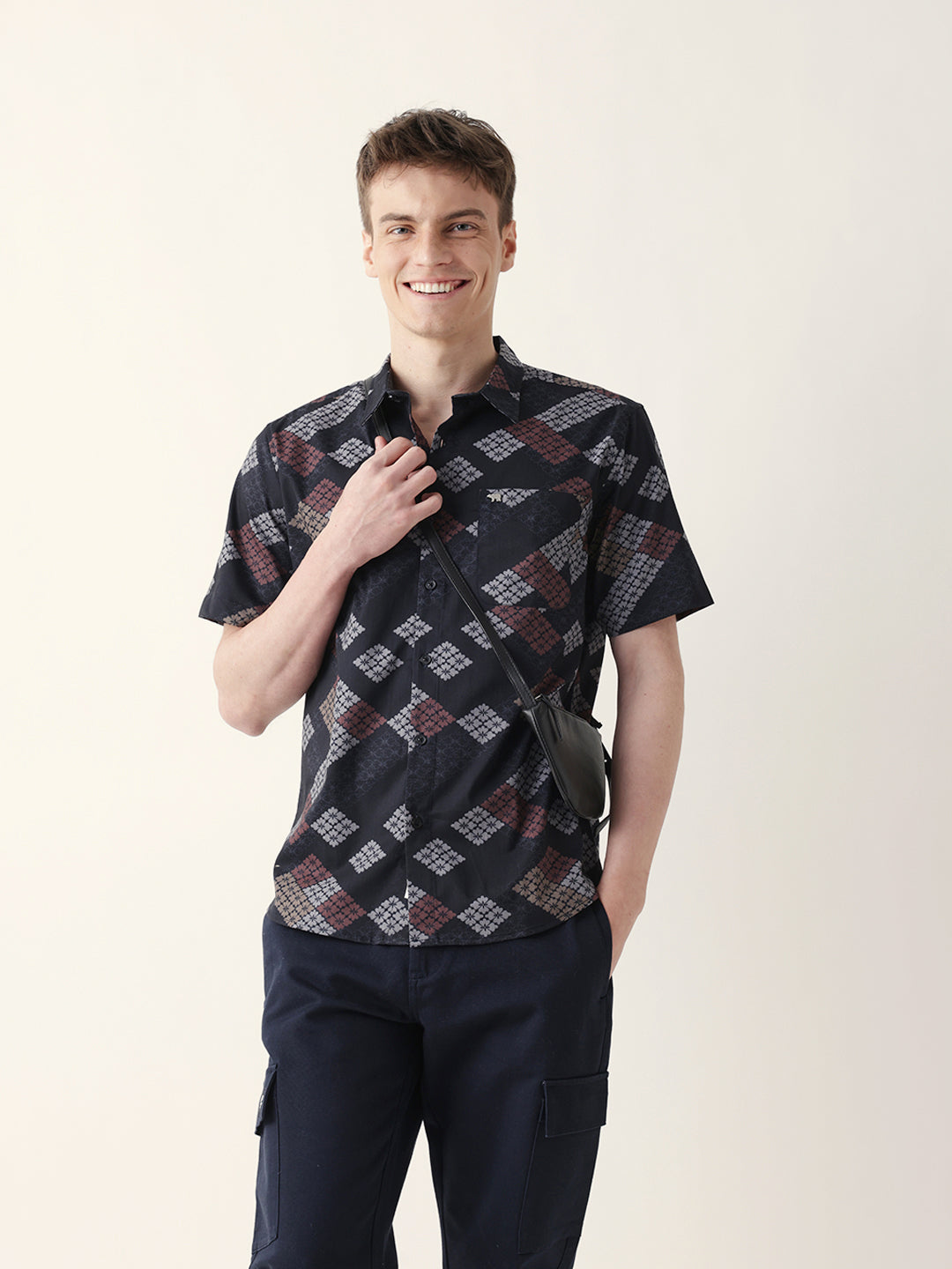 Black Regular Fit Casual Shirt with Geometric Floral Grid Print