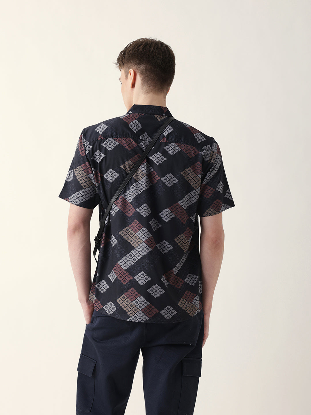 Black Regular Fit Casual Shirt with Geometric Floral Grid Print