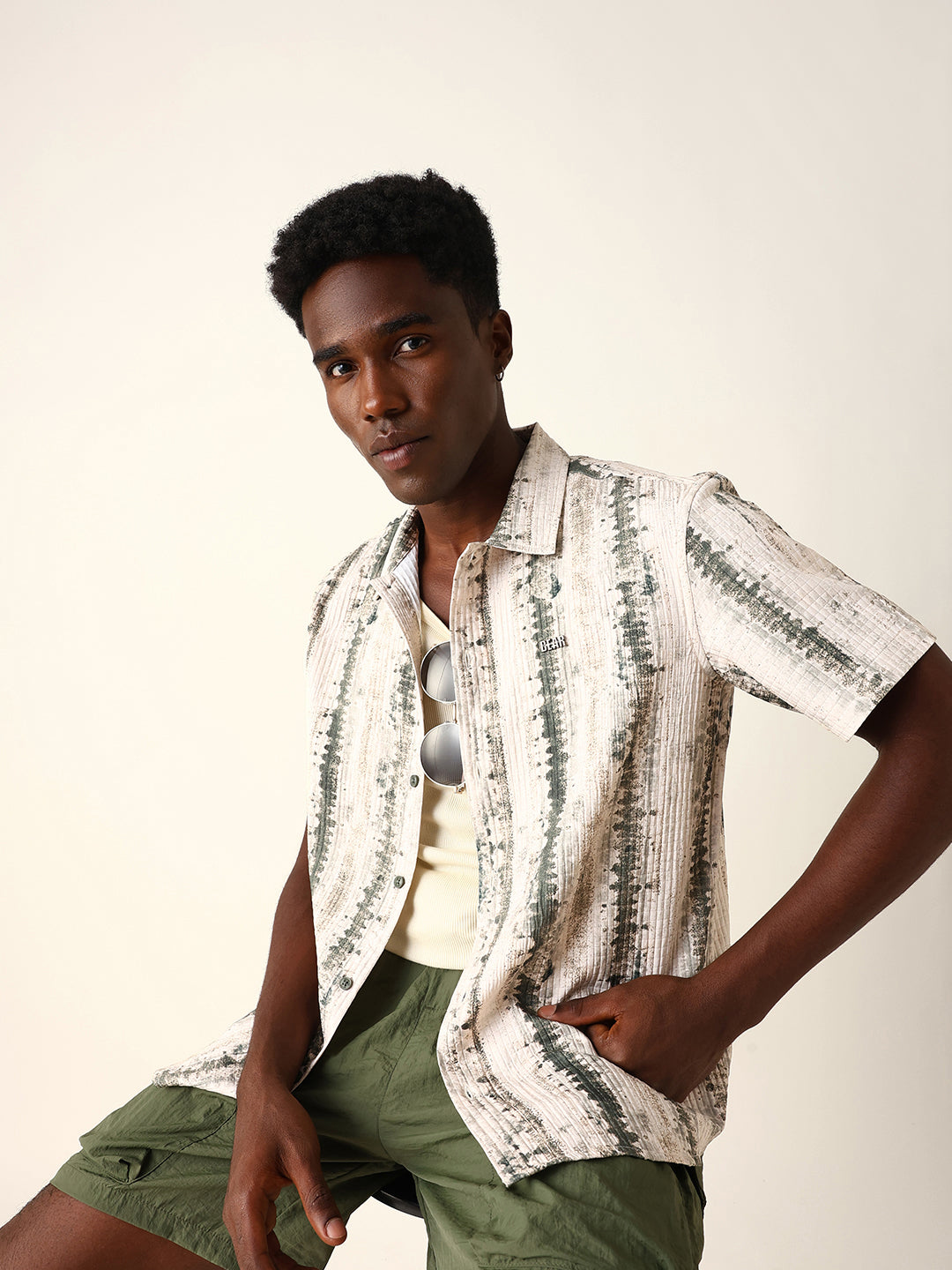 Beige & Olive Abstract Textured Printed Relaxed Fit Casual Shirt