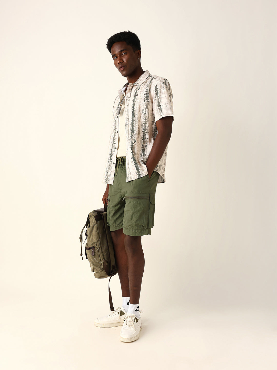 Beige & Olive Abstract Textured Printed Relaxed Fit Casual Shirt