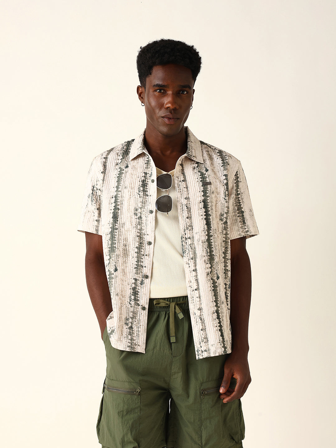 Beige & Olive Abstract Textured Printed Relaxed Fit Casual Shirt
