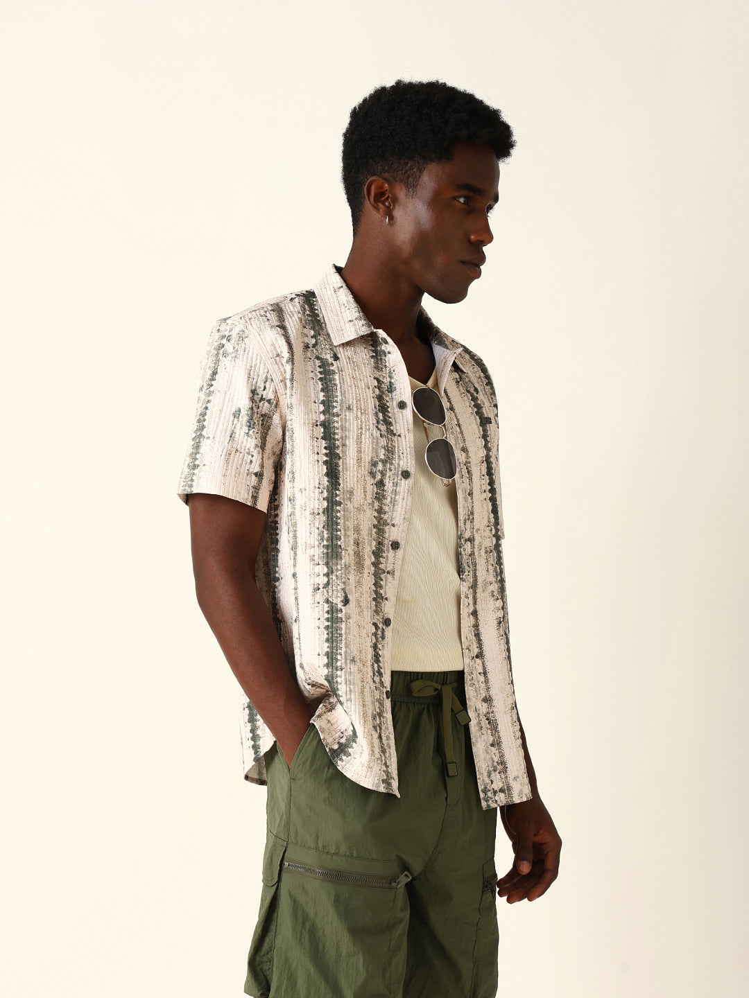 Beige & Olive Abstract Textured Printed Relaxed Fit Casual Shirt