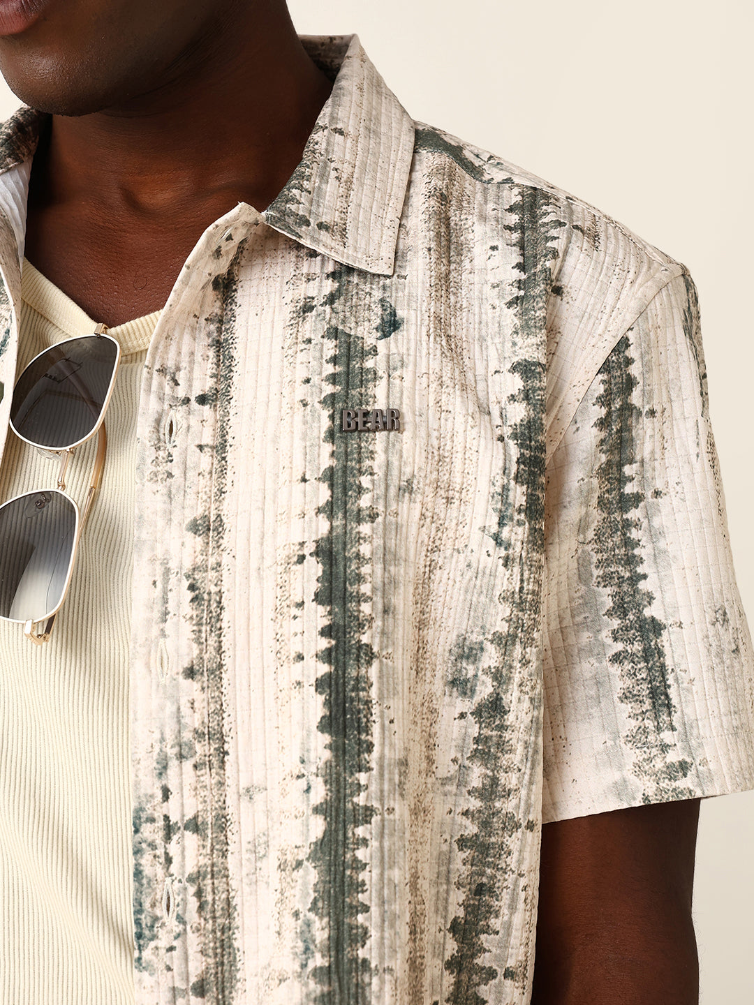 Beige & Olive Abstract Textured Printed Relaxed Fit Casual Shirt