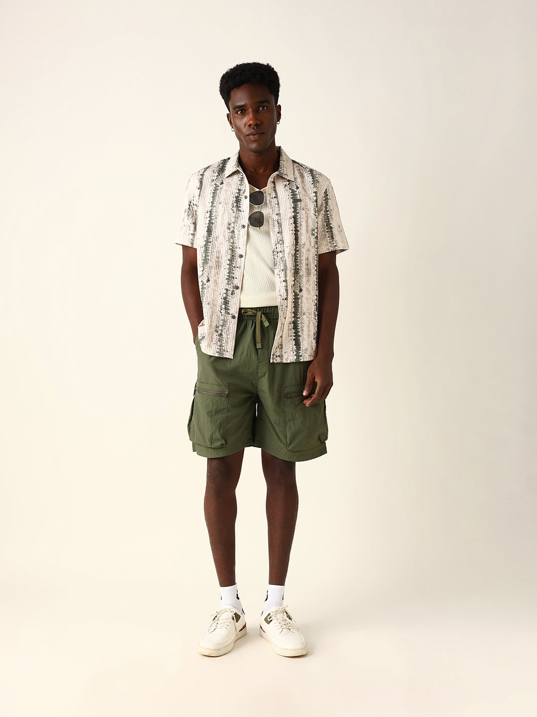 Beige & Olive Abstract Textured Printed Relaxed Fit Casual Shirt