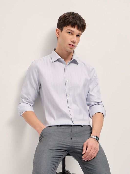 Grey Woven Stripe Pattern Tailored Fit Formal Shirt