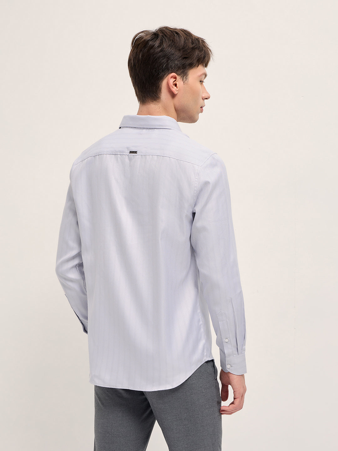 Grey Woven Stripe Pattern Tailored Fit Formal Shirt