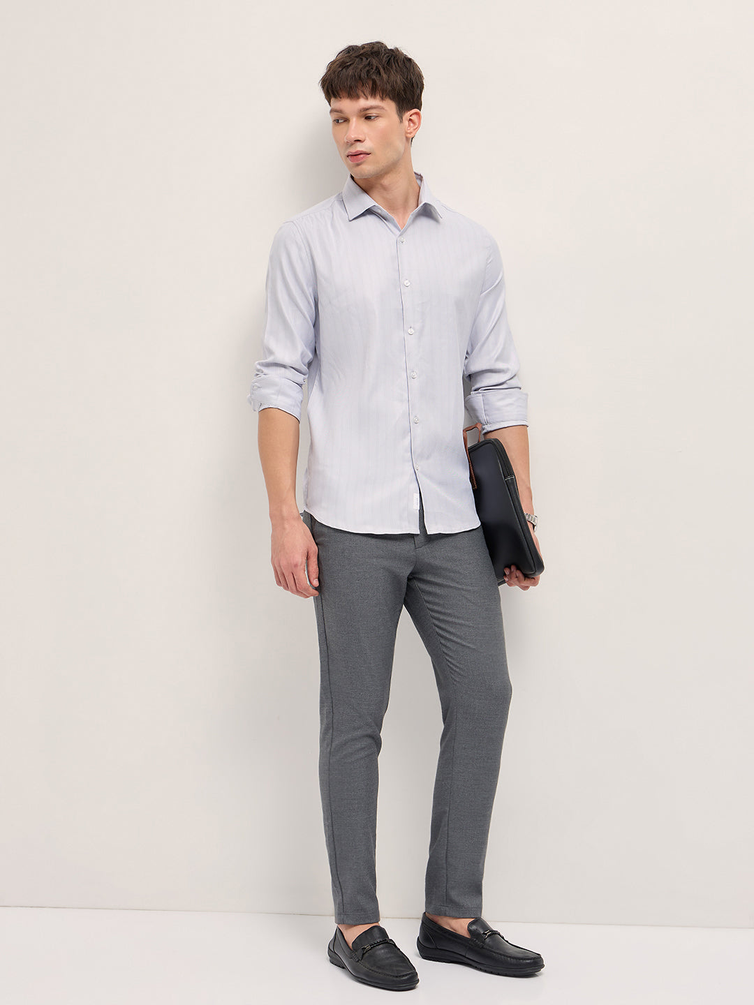 Grey Woven Stripe Pattern Tailored Fit Formal Shirt