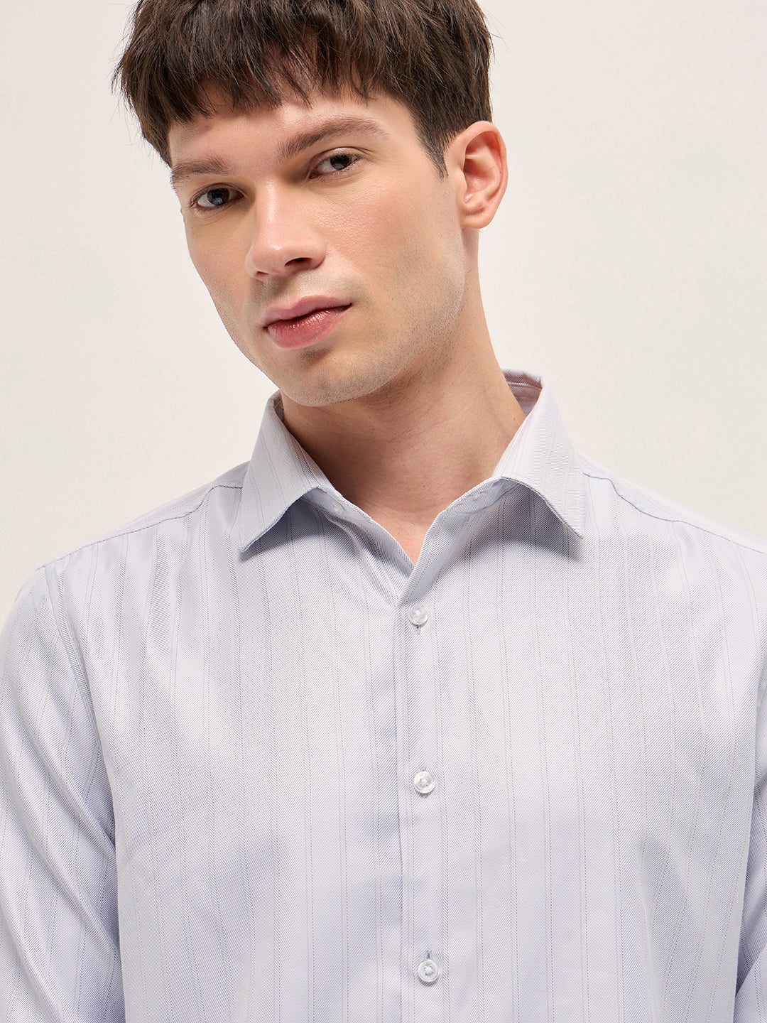 Grey Woven Stripe Pattern Tailored Fit Formal Shirt