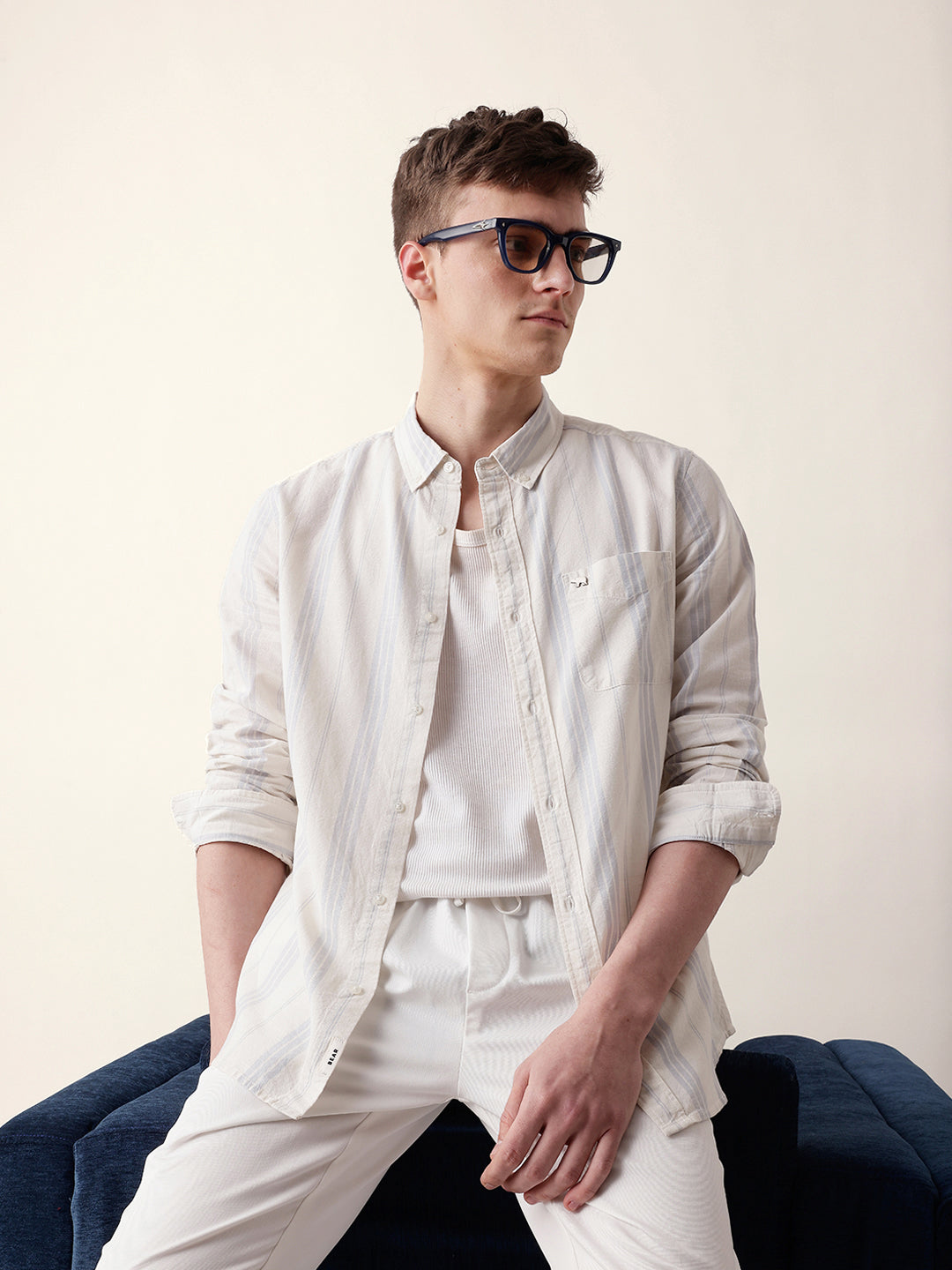 Off White with Blue Woven Vertical Stripes Slim Fit Casual Shirt